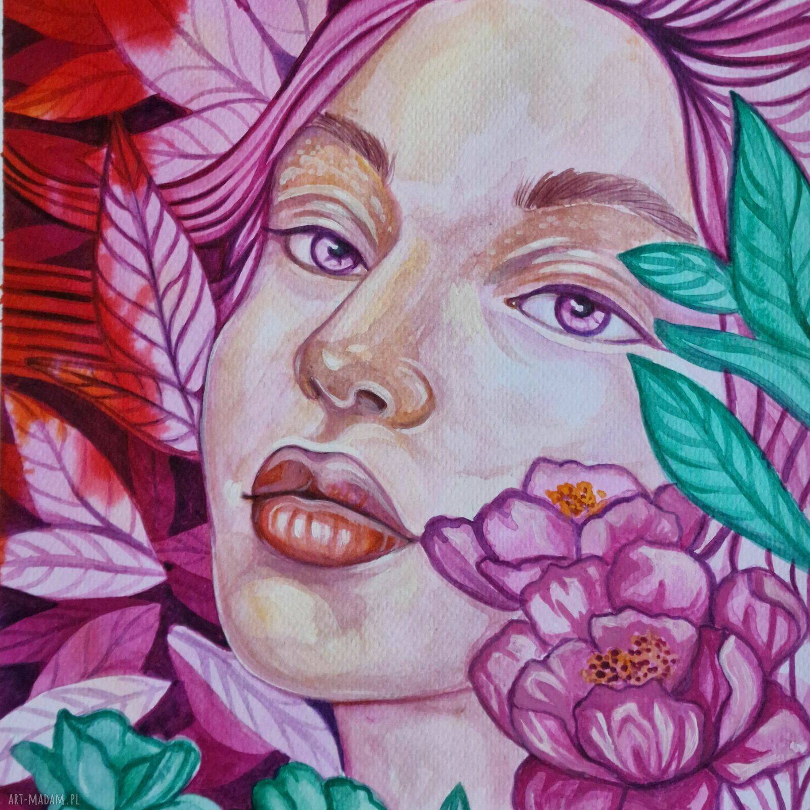 Piwonia - obraz akwarelowy z farbami akrylowymi (24x30 cm)