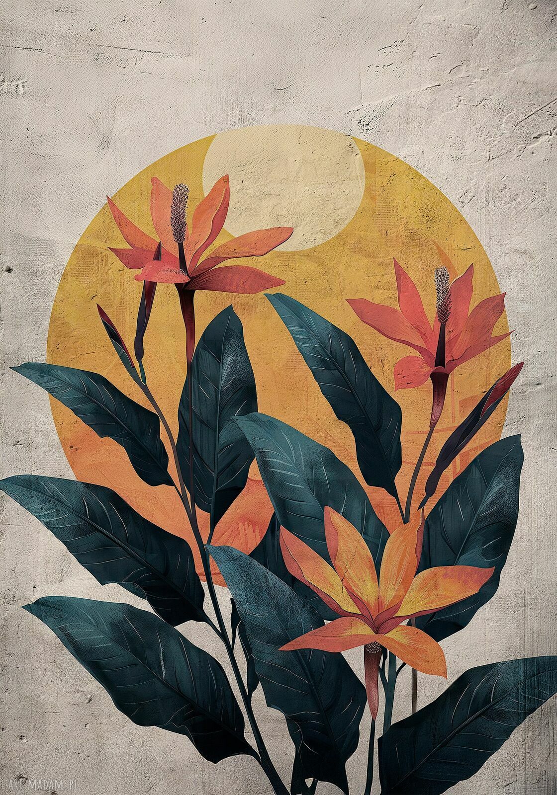Plakat 30x40 cm Kwiaty na tle słońca 2 - dekoracje boho