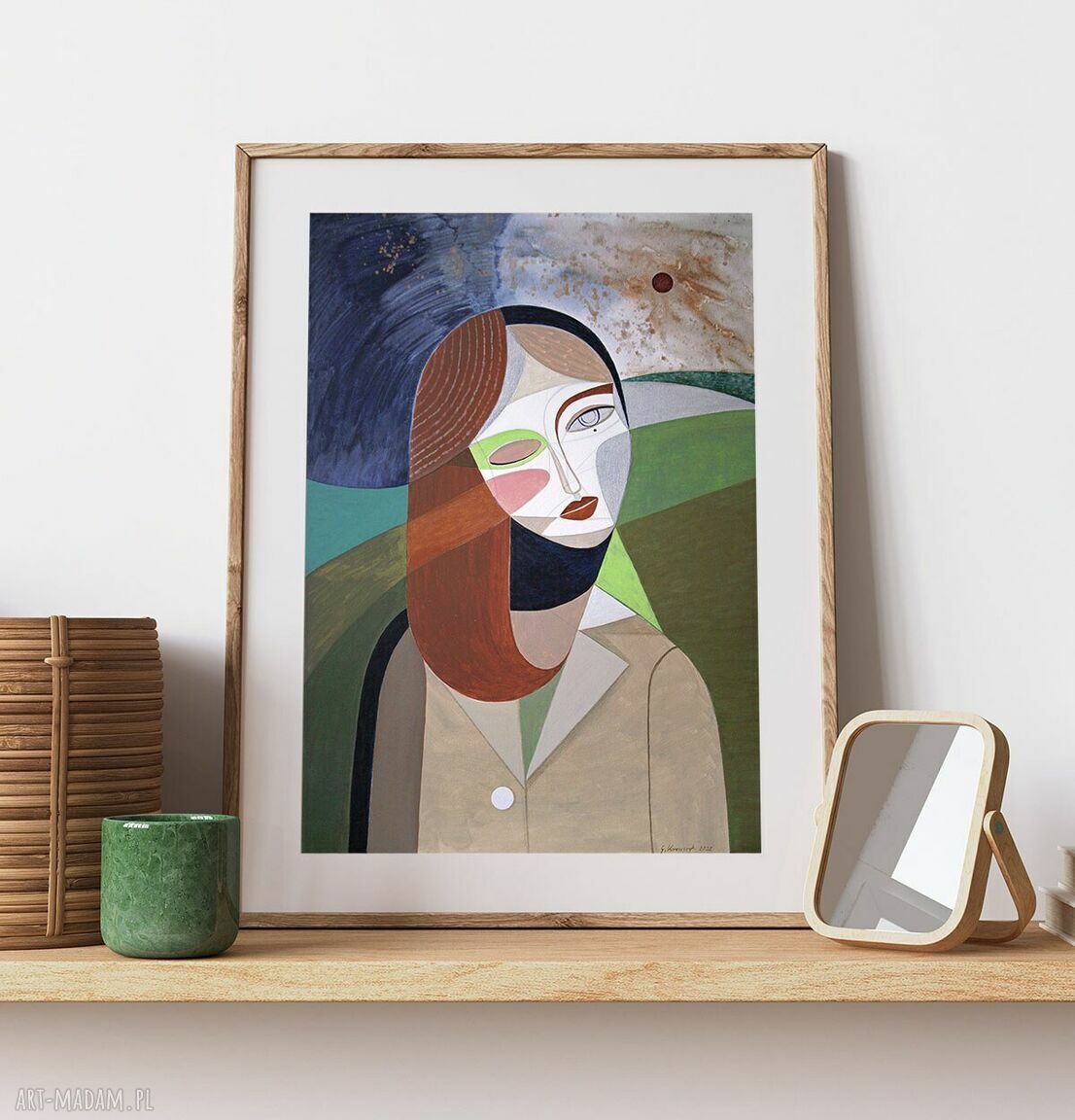 Plakat 30x40 cm - Zielona cisza: abstrakcyjna grafika z kobietą