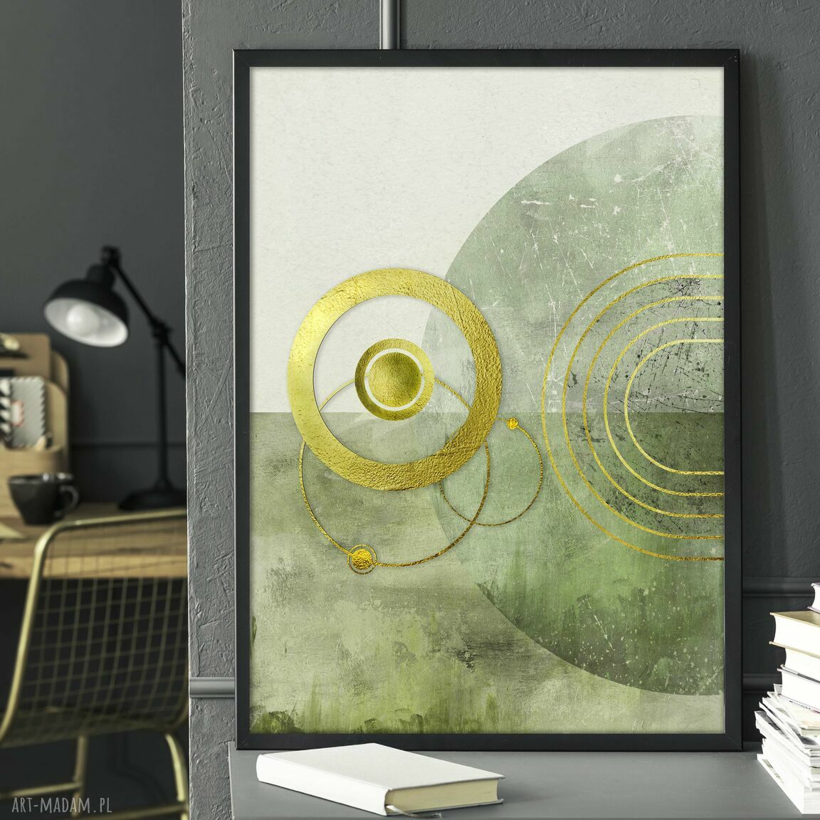 Plakat 40x50 cm - abstrakcja, spokojna zieleń i złoto