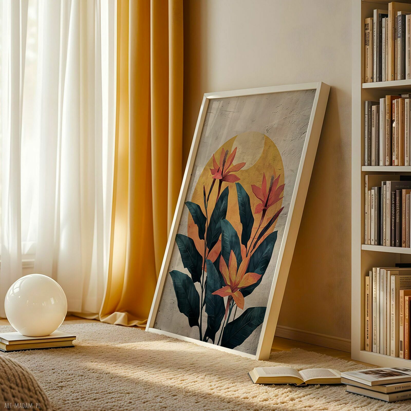 Plakat 50x70 cm Kwiaty na tle słońca w stylu boho