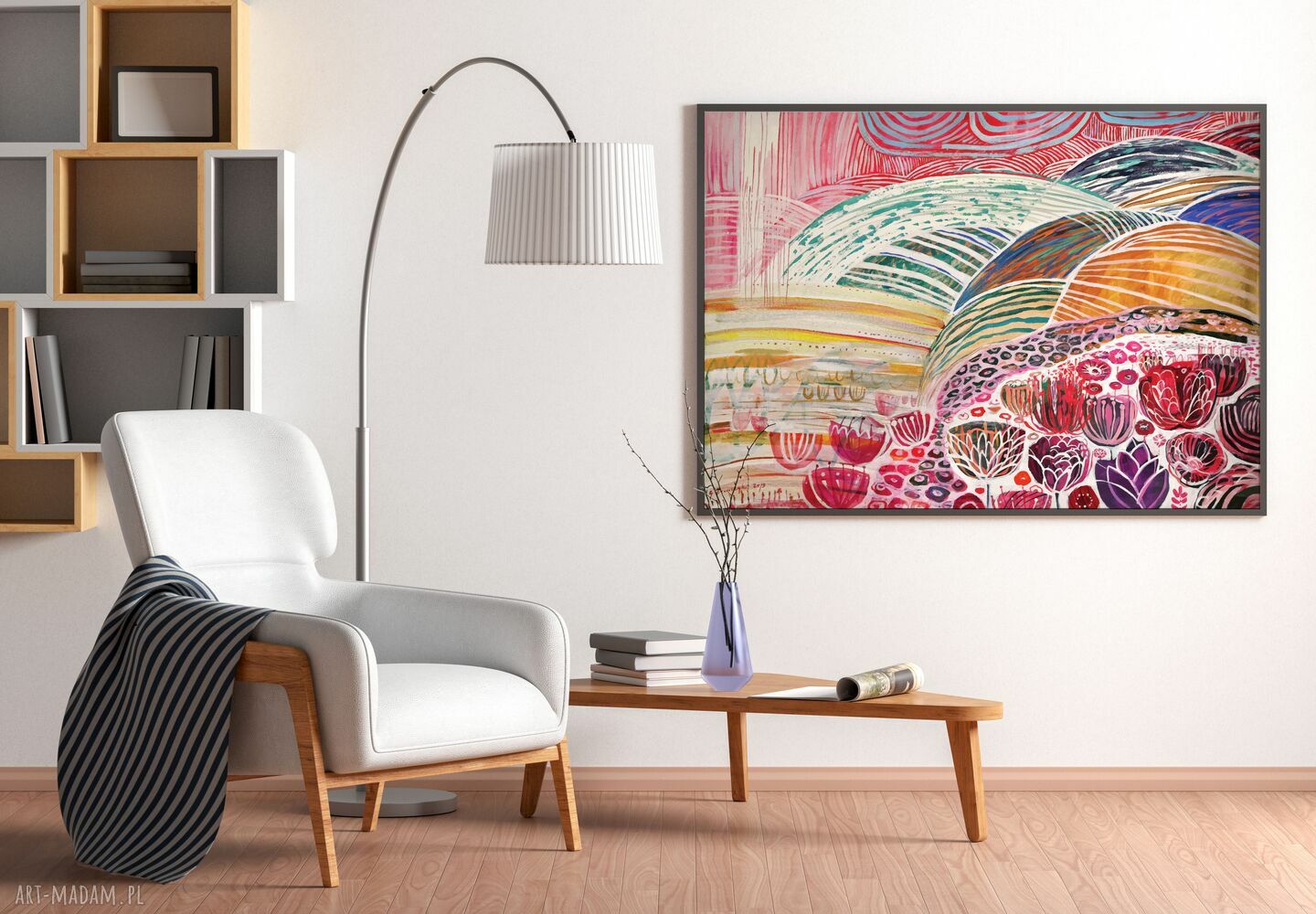 Plakat 50x70 cm - pejzaż kwiaty w stylu folk (czerwone kwiaty)