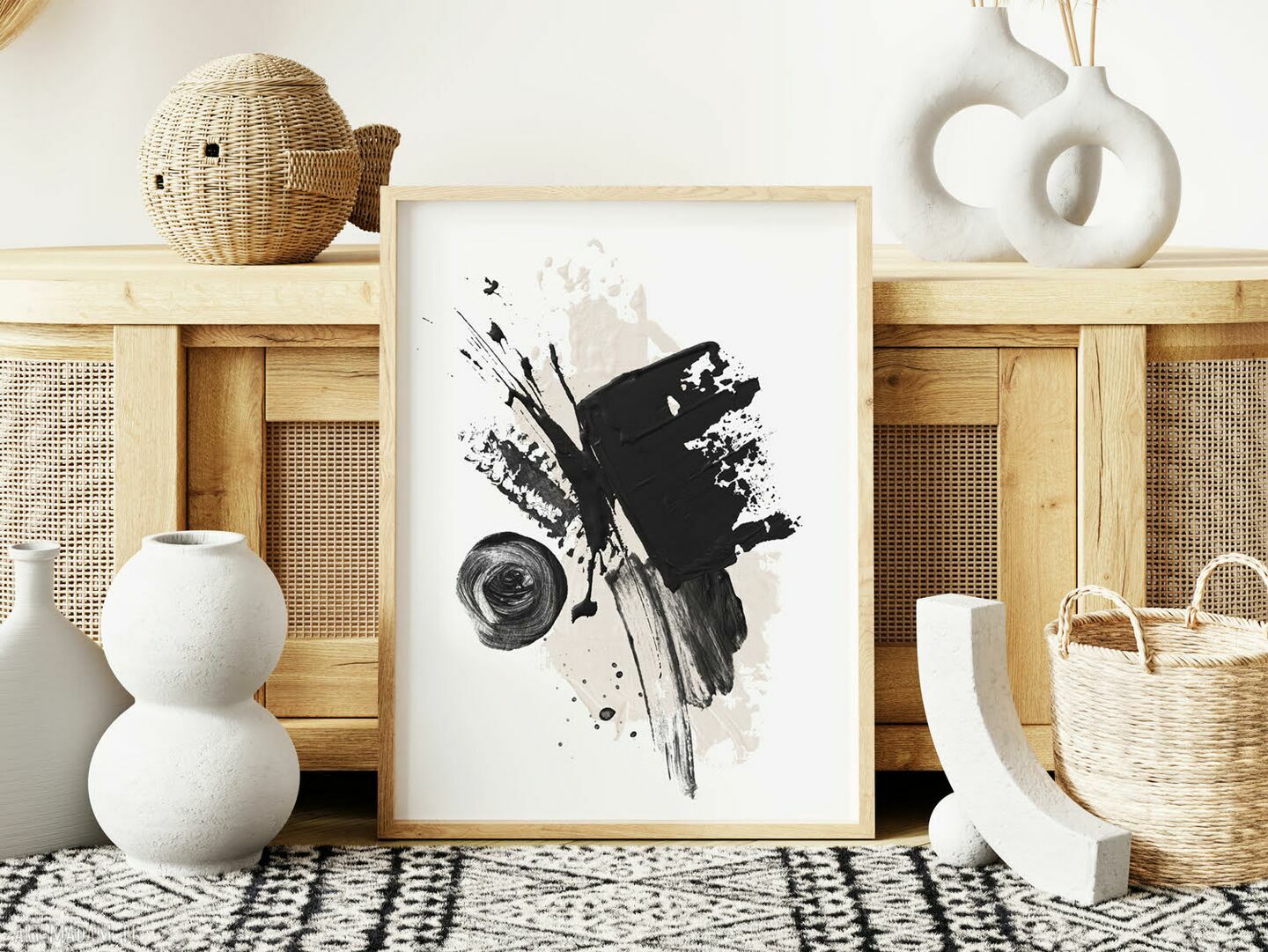 Plakat abstrakcja biało-czarna z różem - format 40x50 cm