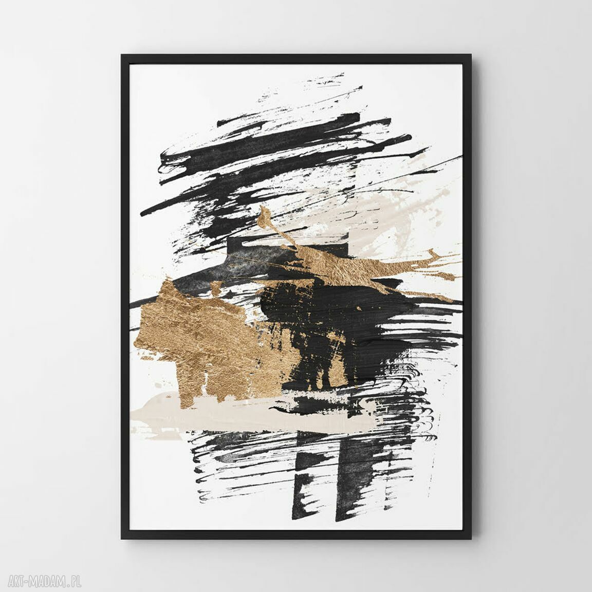 Plakat biało-czarna abstrakcja z brudnym złotem - format 61x91 cm