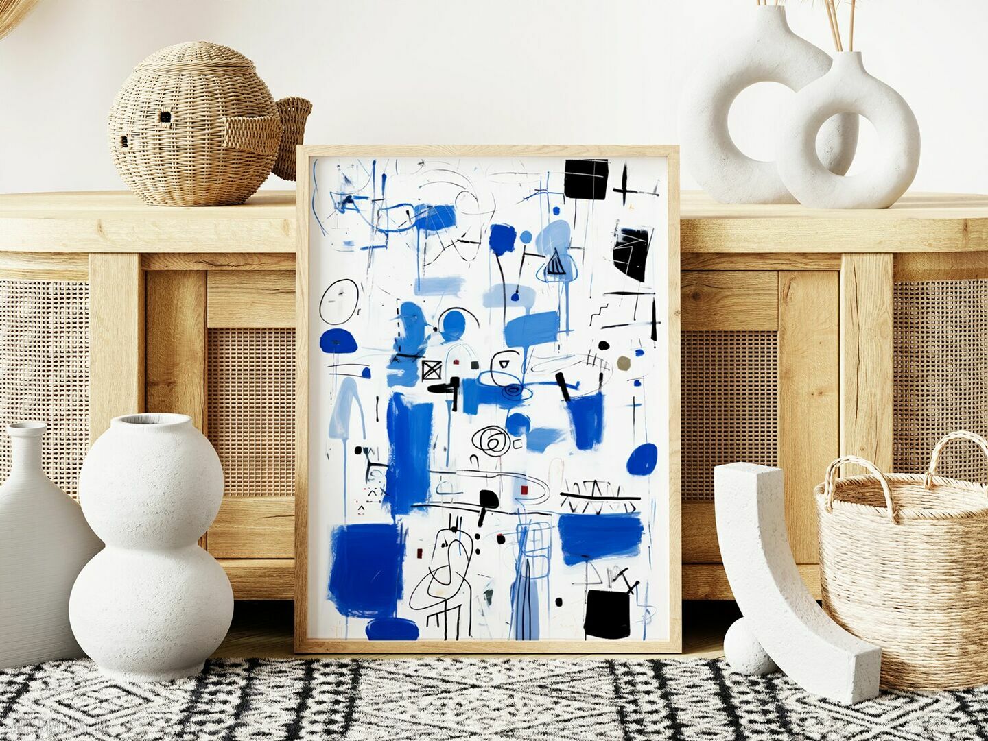 Plakat biało-niebieska abstrakcja 61x91 cm - spokojny klimat do sypialni