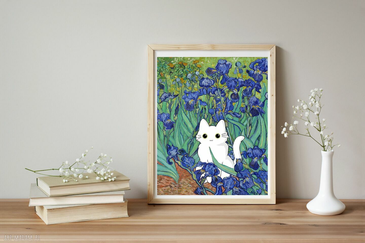 Śmieszny plakat z kotem 40x50 - biały kot w irysach Van Gogha