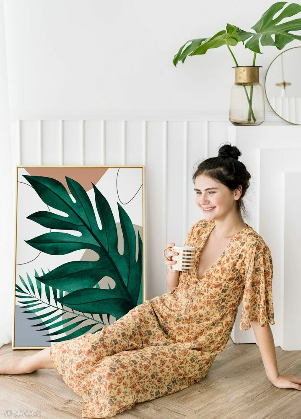 Plakat boho Liście 61x91 cm - roślinny akcent w zielono-beżowej palecie