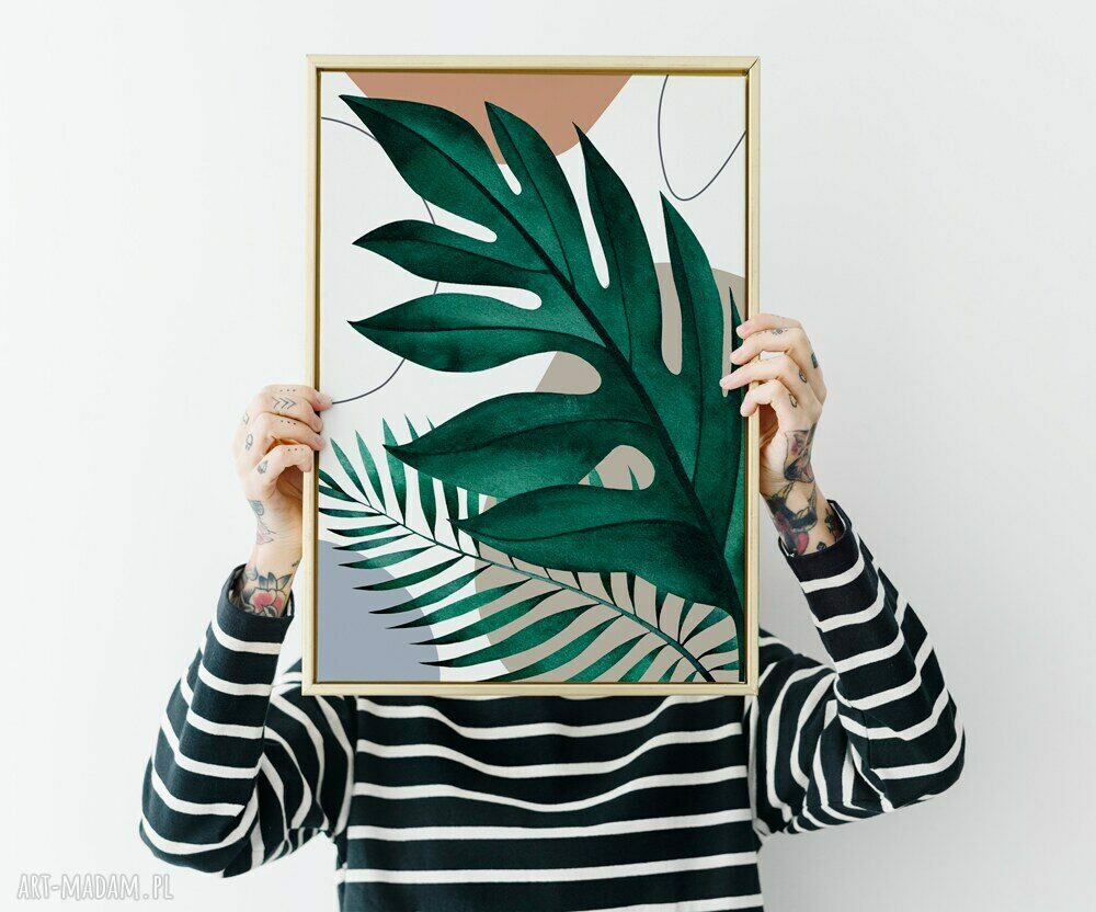 Plakat boho Liście 61x91 cm - roślinny akcent w zielono-beżowej palecie