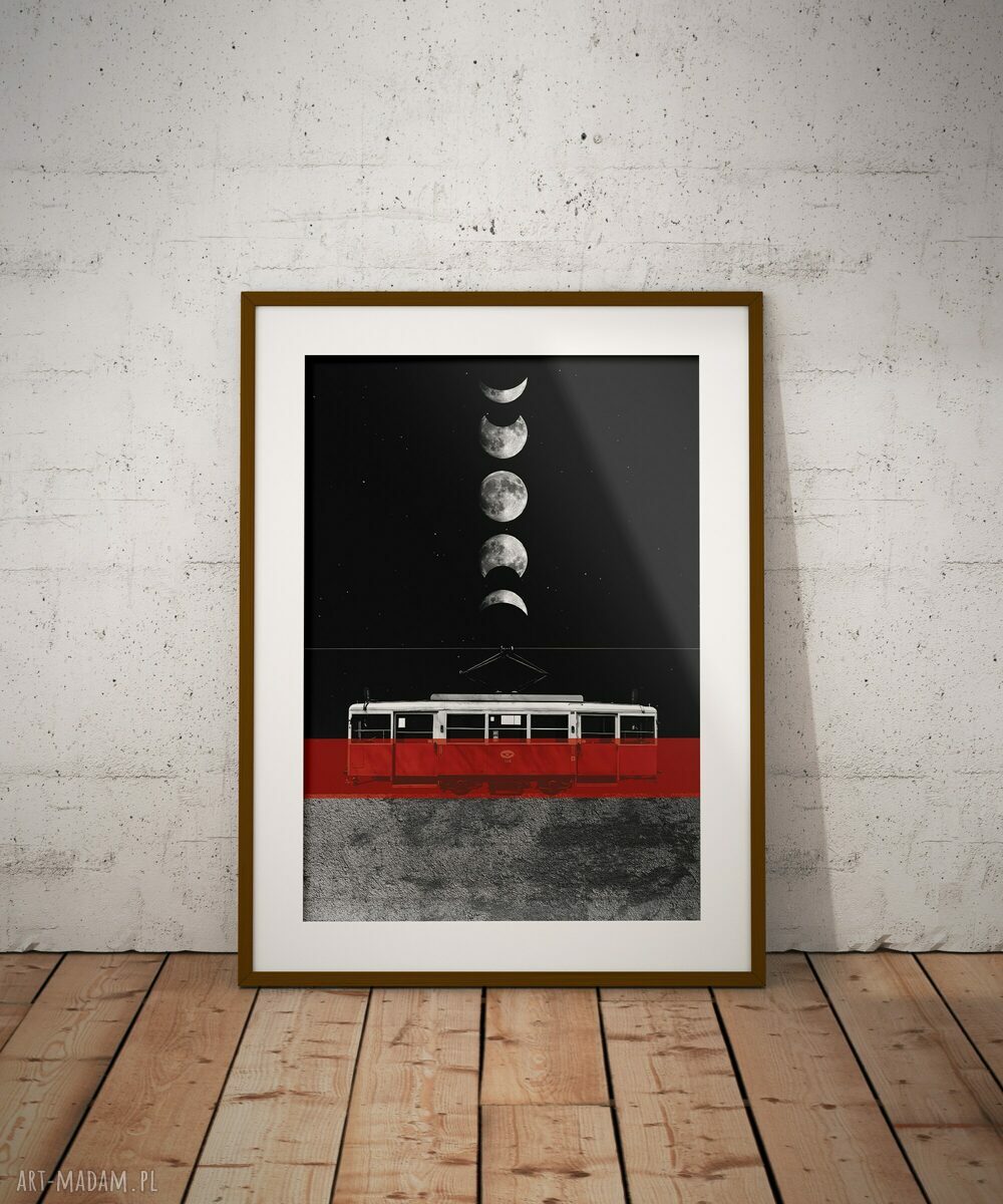 Plakat Bytom Tramwaj 38 (50x70 cm) - księżyc i kosmos w surrealistycznym kolażu