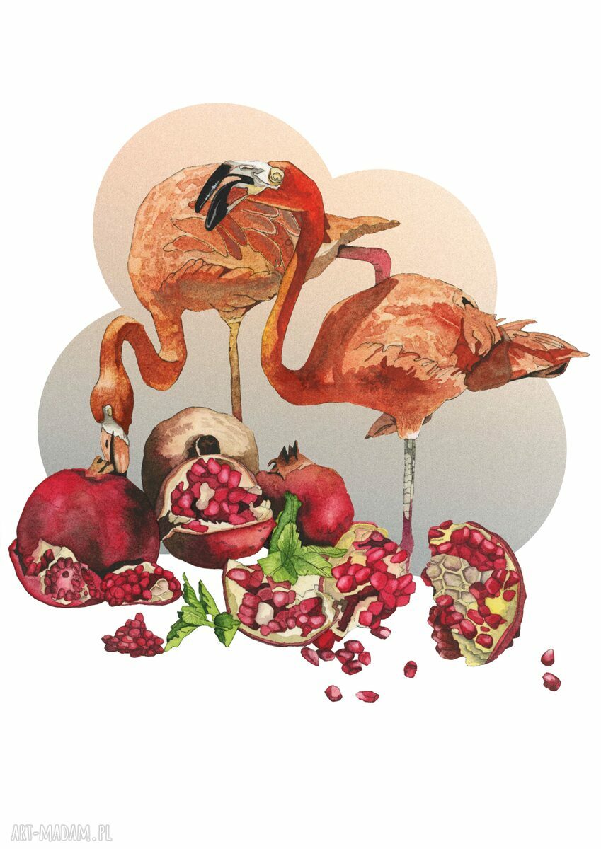 Plakat dekoracyjny A3 „Flamingi” w granacie - akwarela 29x42 cm