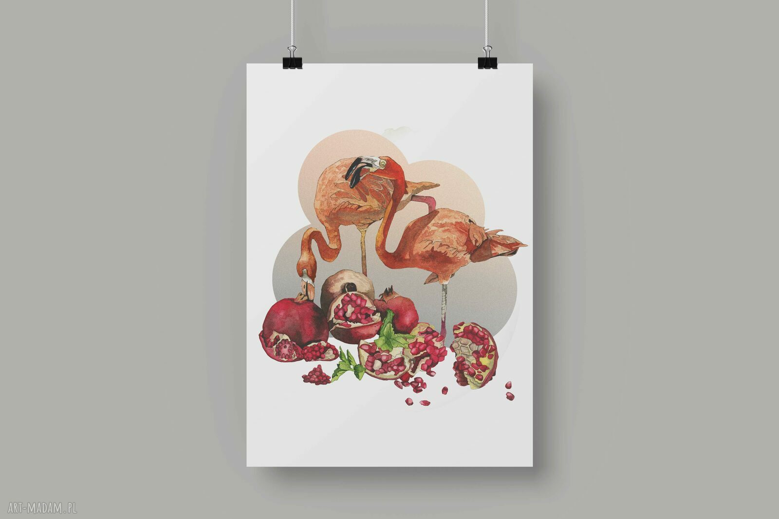Plakat dekoracyjny A3 „Flamingi” w granacie - akwarela 29x42 cm
