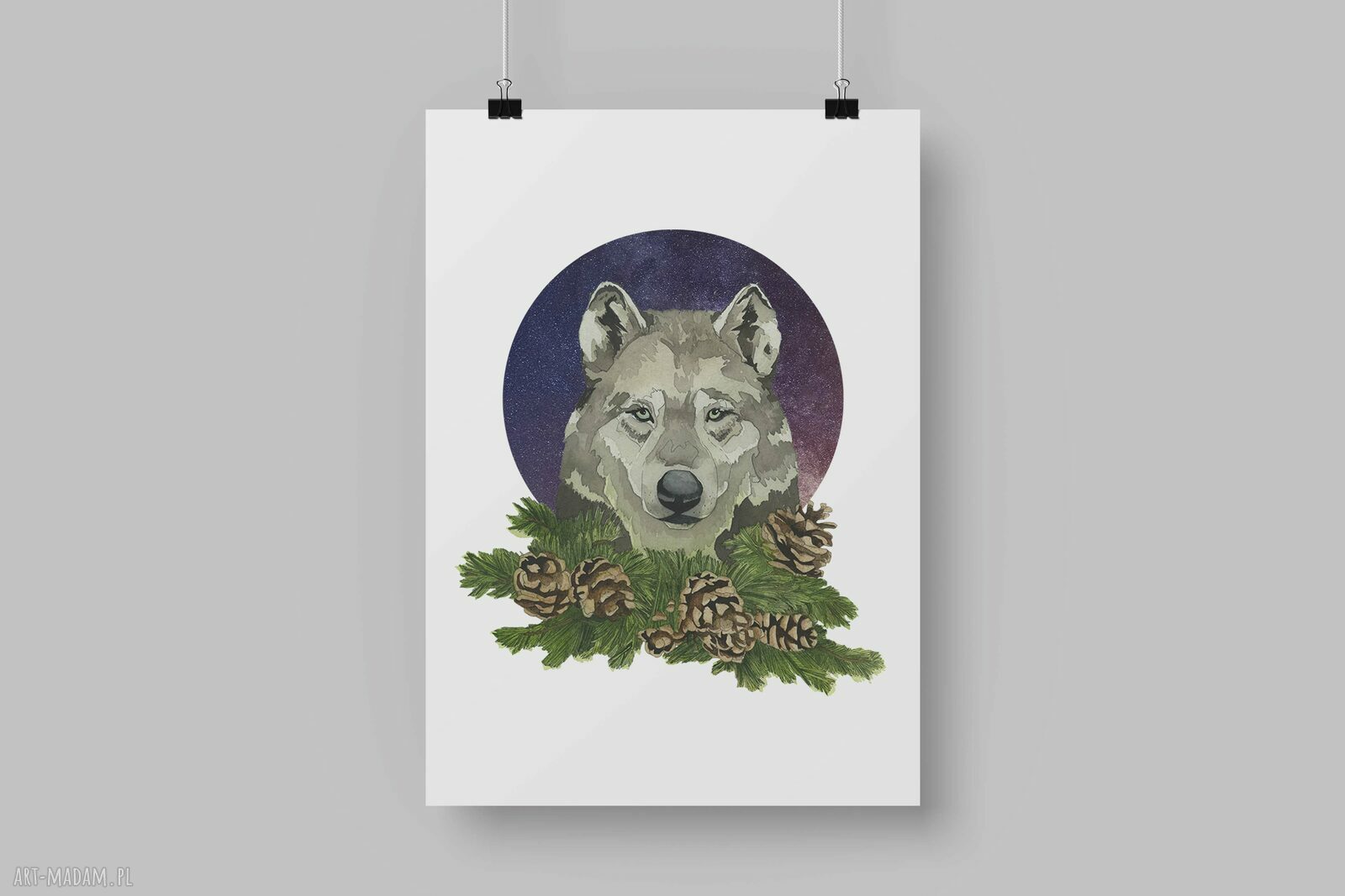 Plakat dekoracyjny A3 „Wilk” - akwarelowy rękodzieło na papierze 250 gms