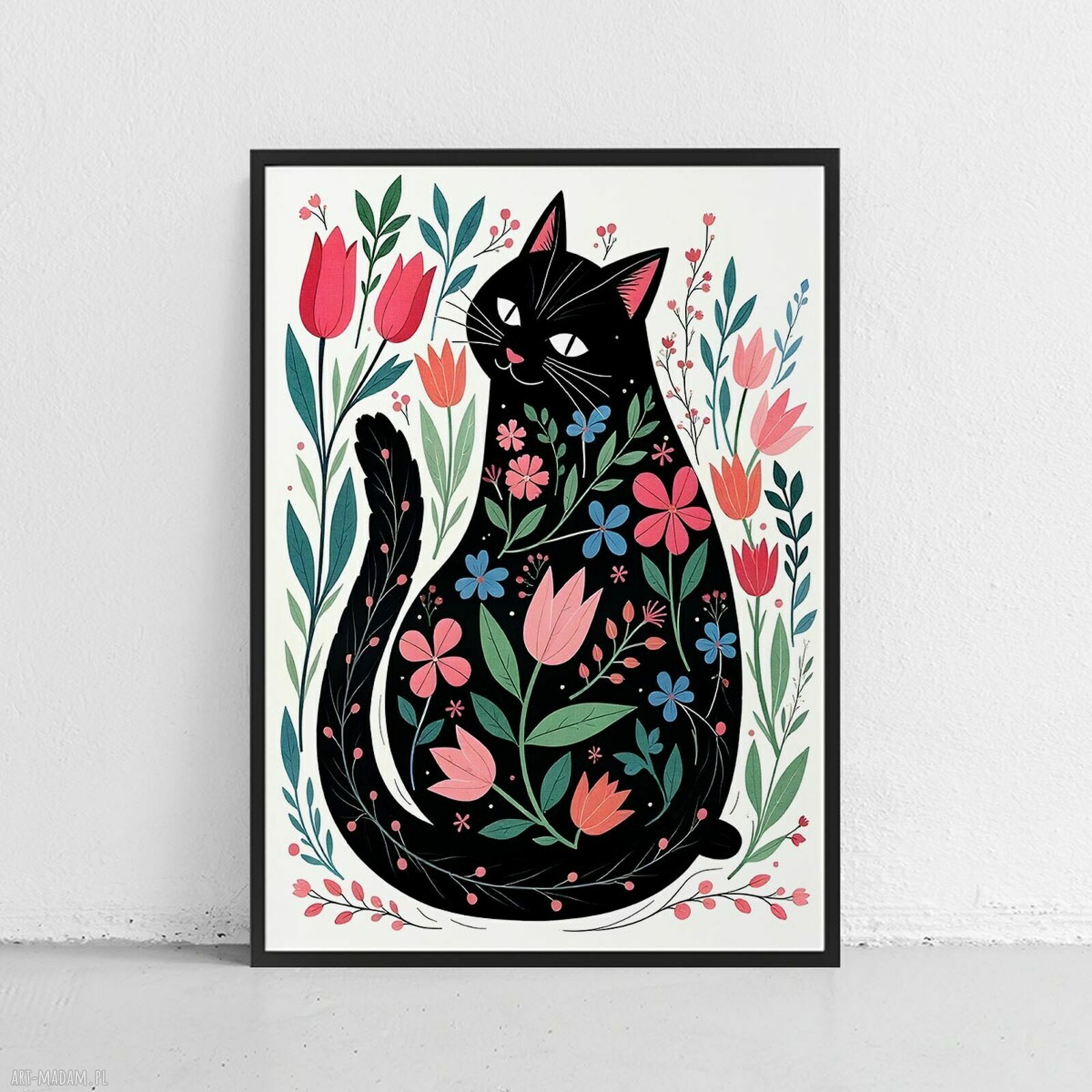 Plakat Kot 40x50 cm - kot i kwiaty, ilustracja do Twojego wnętrza