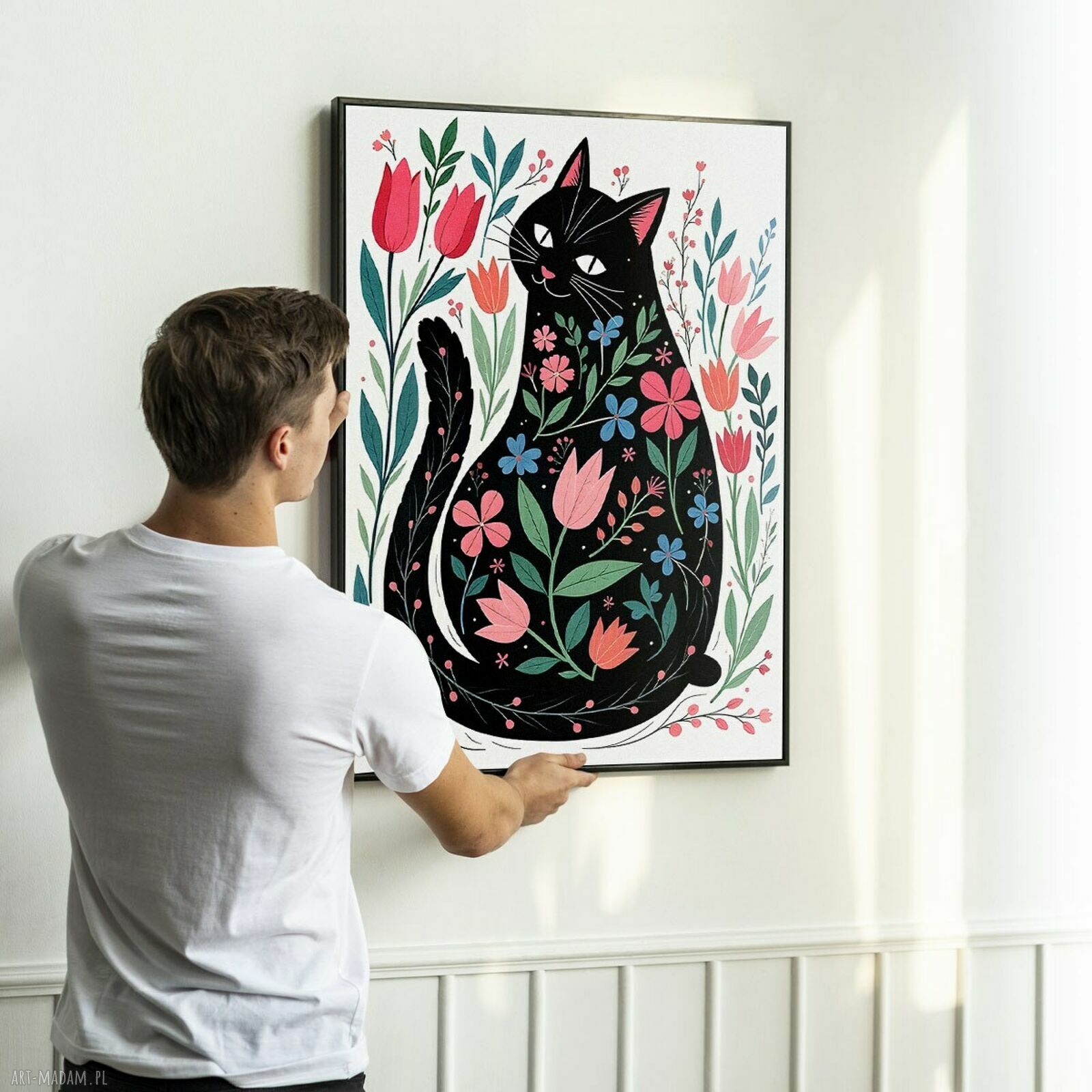 Plakat Kot 40x50 cm - kot i kwiaty, ilustracja do Twojego wnętrza
