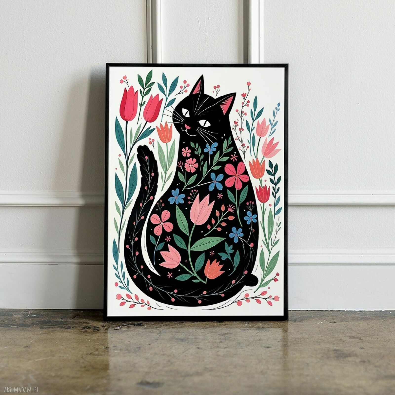Plakat Kot 40x50 cm - kot i kwiaty, ilustracja do Twojego wnętrza