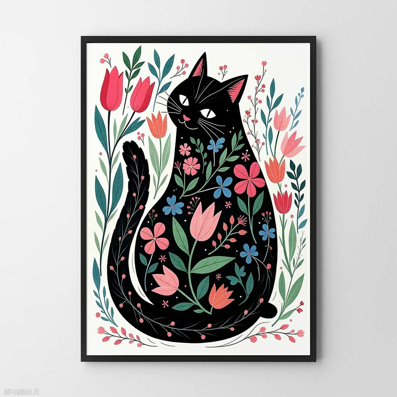 Plakat Kotek A4 - kot wśród kwiatów, rysunkowa ilustracja