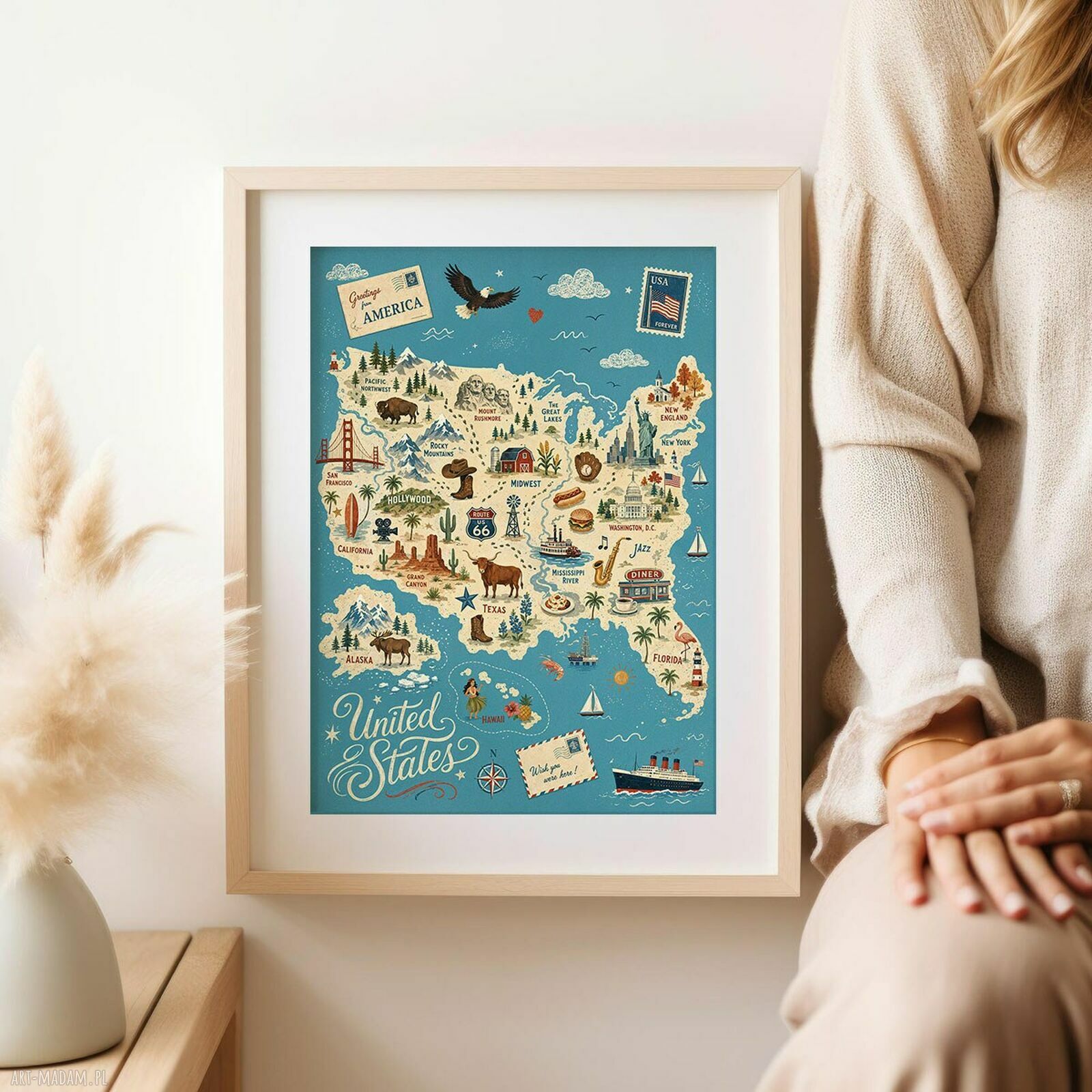 Plakat mapa USA w formacie A4 - kolorowa dekoracja ściany
