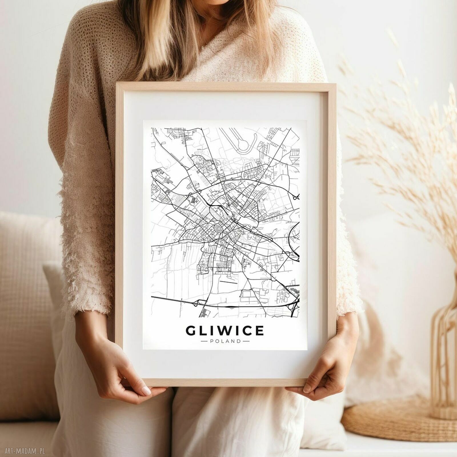 Plakat mapa Gliwice - format 30x40 cm, biało-czarny