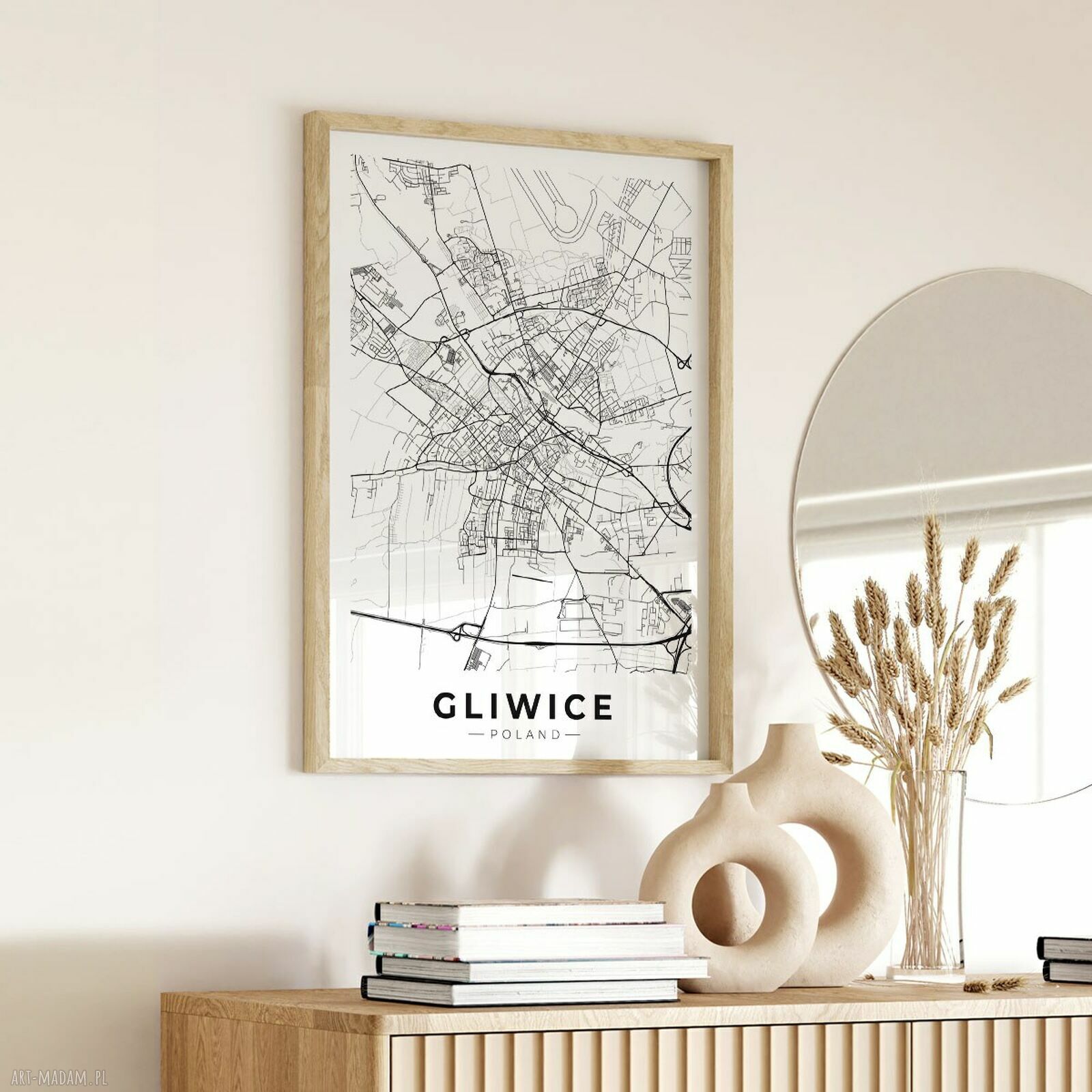 Plakat mapa Gliwice A4 Hogstudio - czarno-biała grafika miasta do Twojego wnętrza