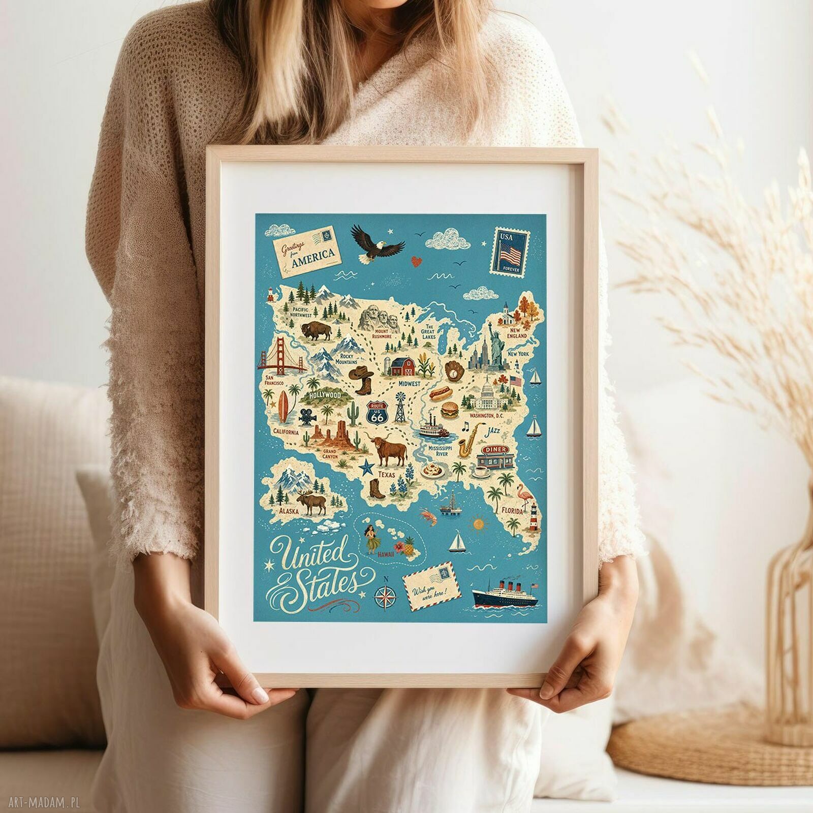 Kolorowy plakat mapa USA - format 30x40 cm