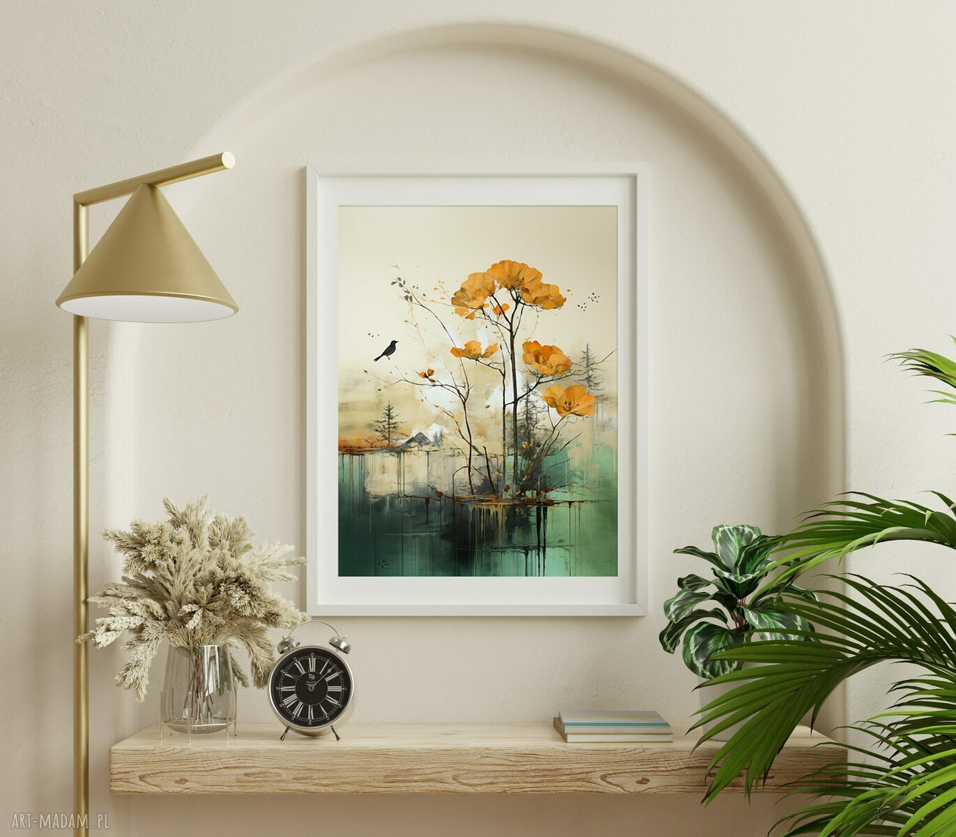 Minimalistyczny plakat krajobraz 40x50 cm - zielony (drzewa i ptaki)