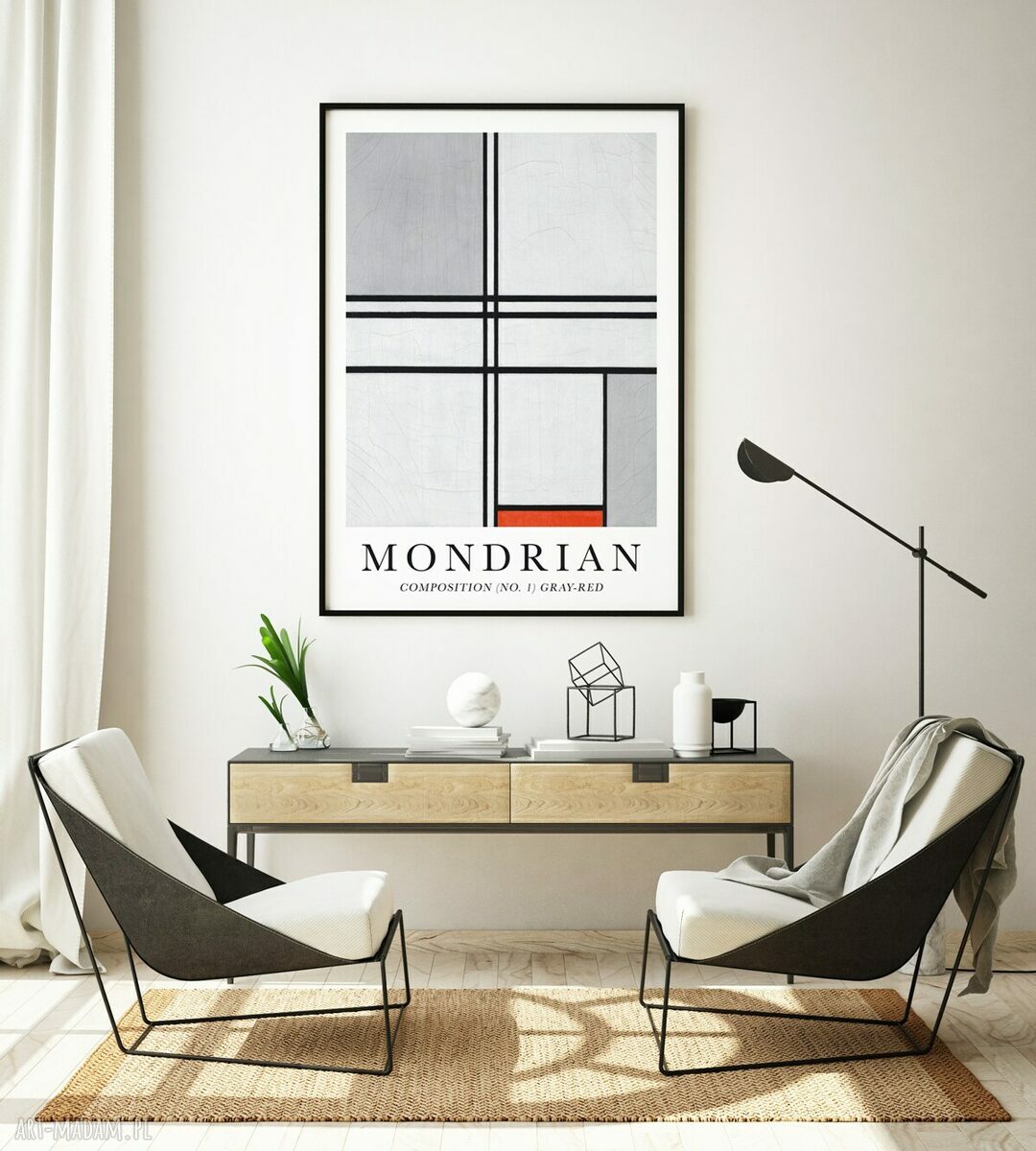 Plakat Mondrian szaro-czerwony 30x40 cm - wyrazista geometria do wnętrza