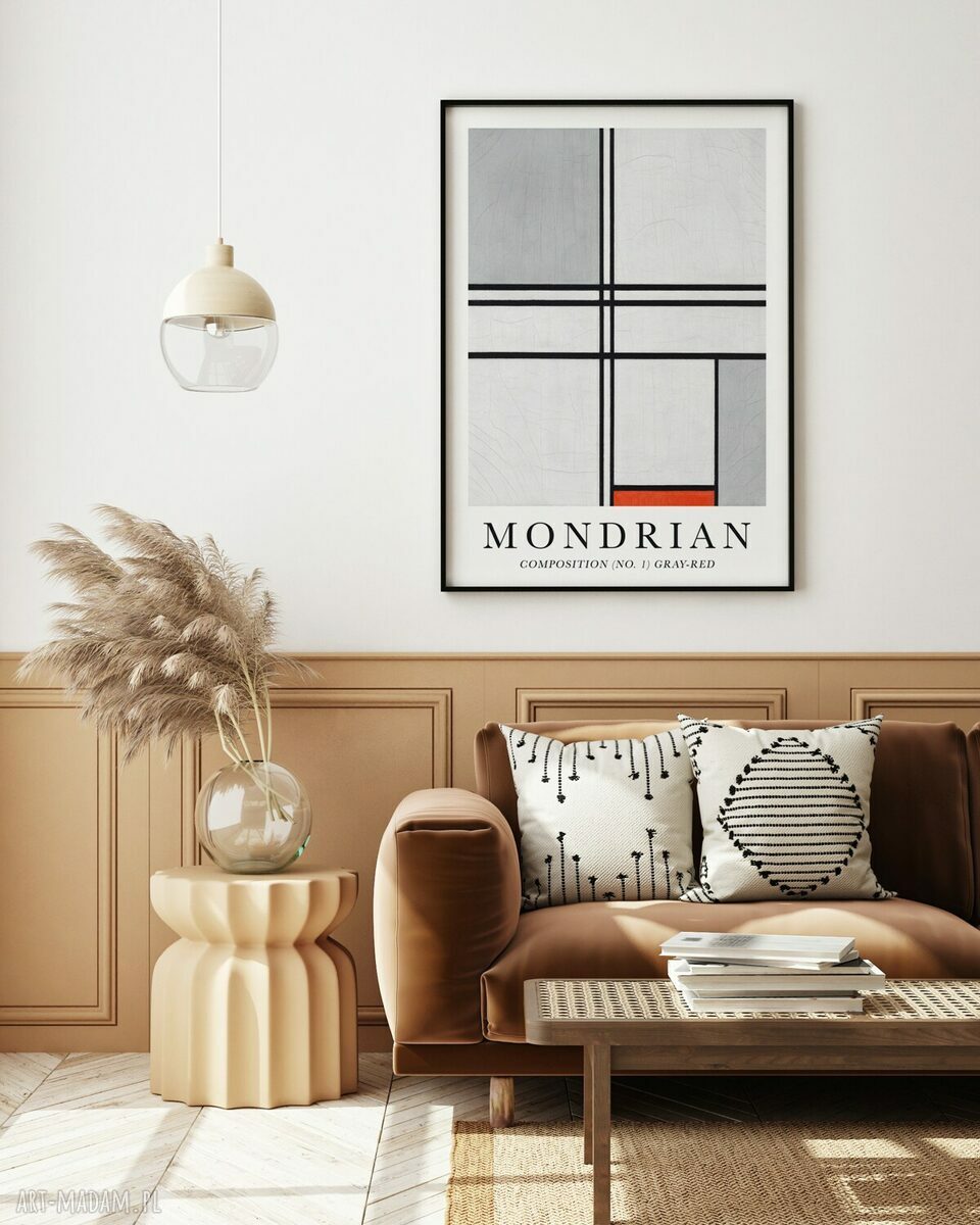 Plakat Mondrian szaro-czerwony 30x40 cm - wyrazista geometria do wnętrza