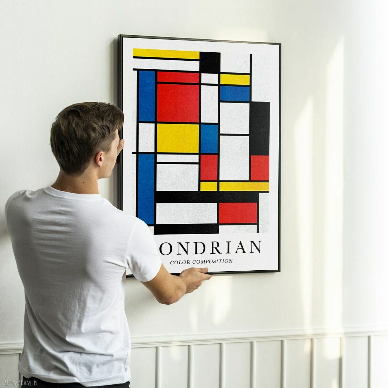 Plakat Mondrian Geometria 40x50 cm - nowoczesna dekoracja w czerni, bieli i niebieskim