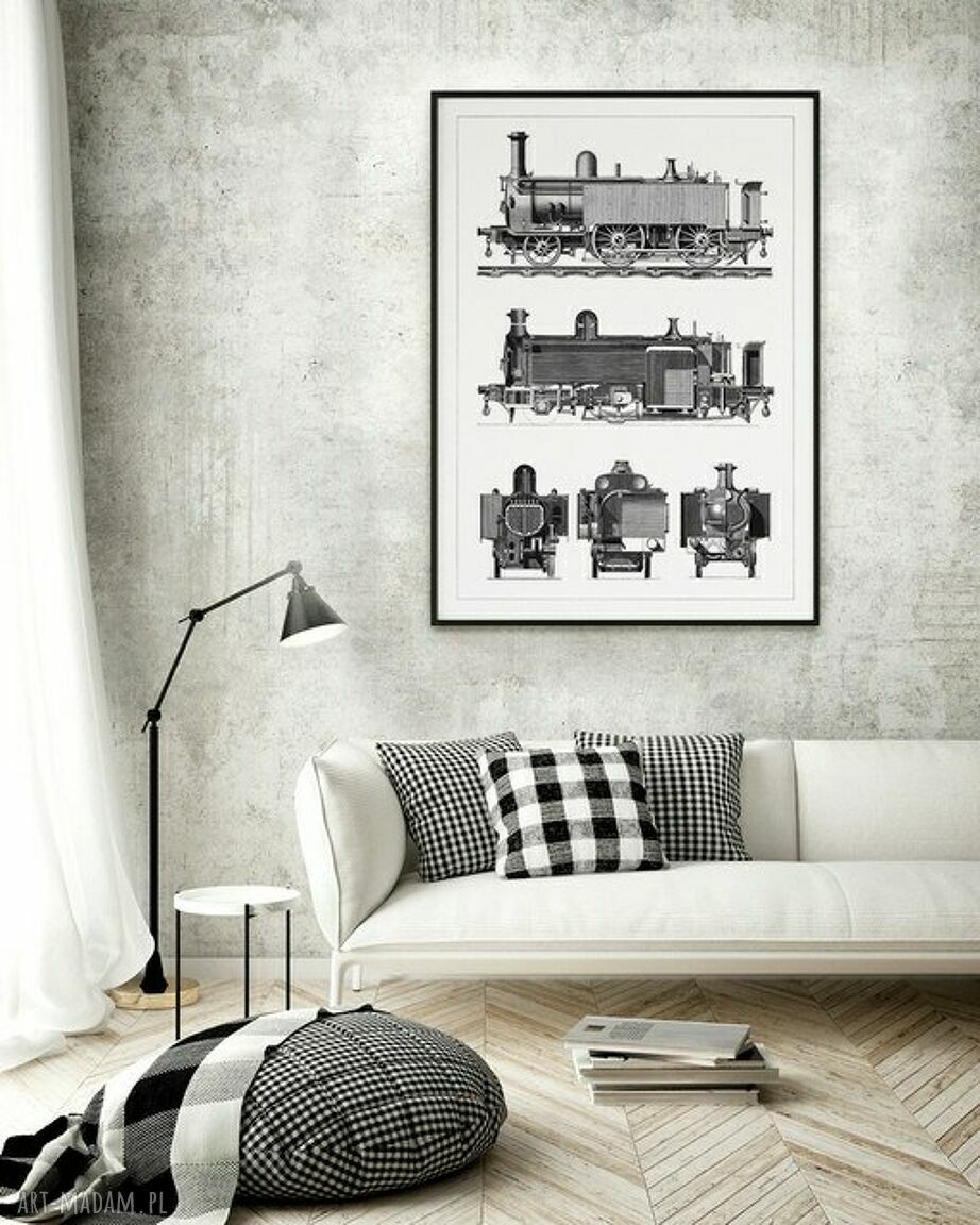 Plakat obraz Old Train 50x70 cm B2 - grafika pociąg w bieli i szarościach