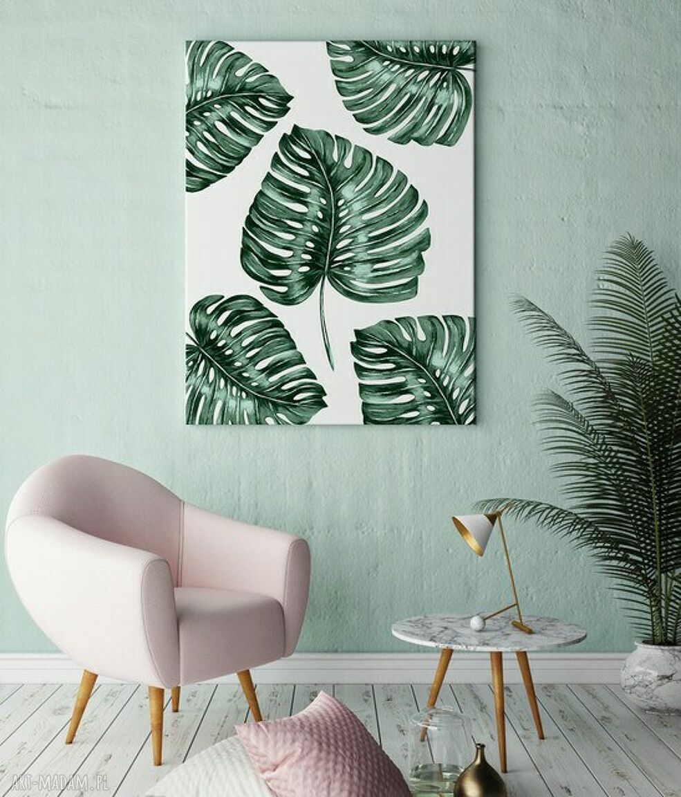 Plakat Monstera Pattern 50x70 cm B2 - zielone liście i białe kwiaty