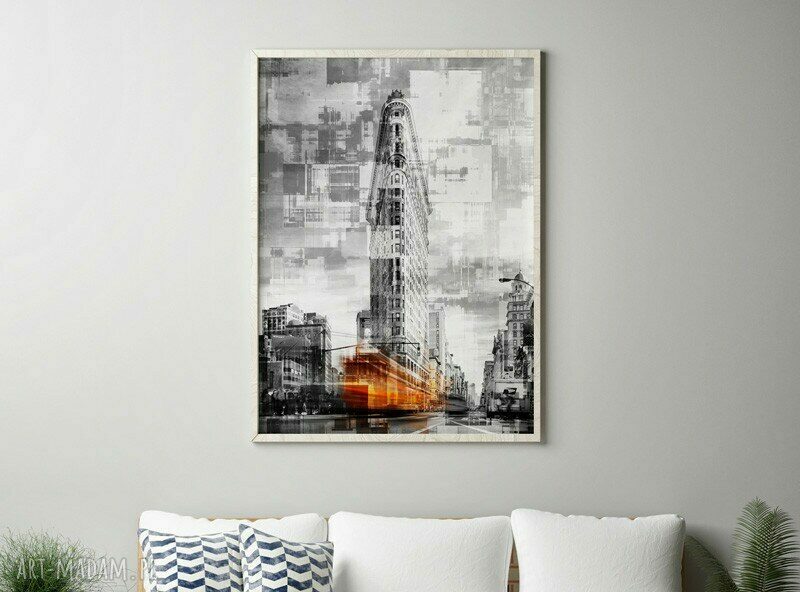 Plakat Obraz New York 50x70 cm B2 - pomarańczowe, białe i szare akcenty