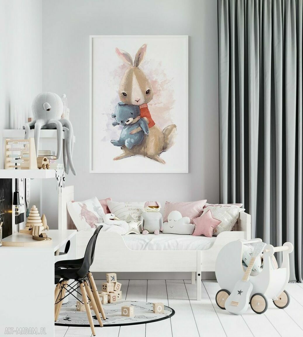 Plakat obraz Zając 61x91 cm - beżowe i białe dekoracje do pokoju dziecięcego