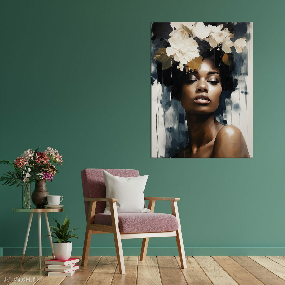 Plakat portret kobiety z kwiatami - obraz czarnoskóra kobieta 40x60 cm