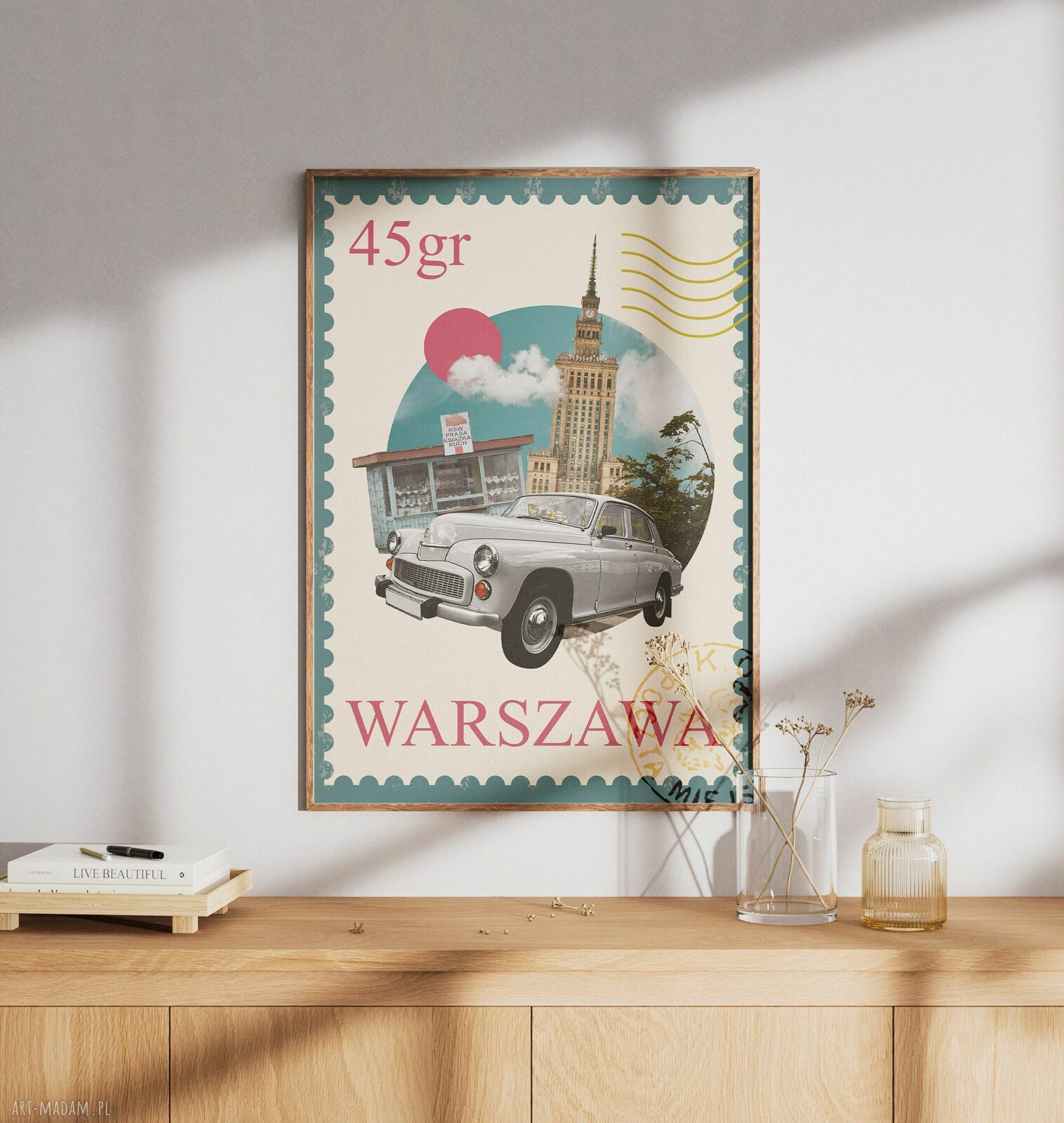Plakat „U nas w Warszawie” 50x70 cm - kolaż PRL z Pałacem Kultury i Nauki