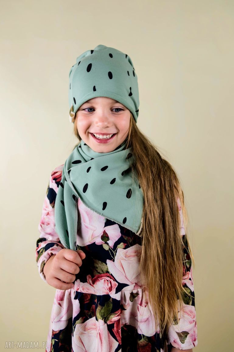 Chusta PLAMKI miętowa z pomponami - rękodzieło Cudi KIDS dla dziewczynki i chłopca