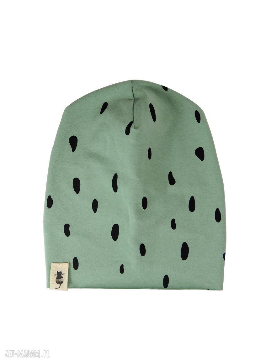 Czapka PLAMKI miętowa beanie - ręcznie szyta z bawełny dla dziecka