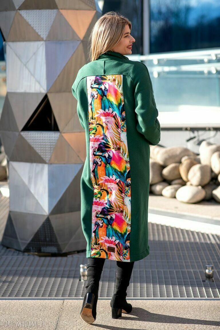 płaszcze: Płaszcz ze stójką butelkowa zieleń ręczne wykonanie