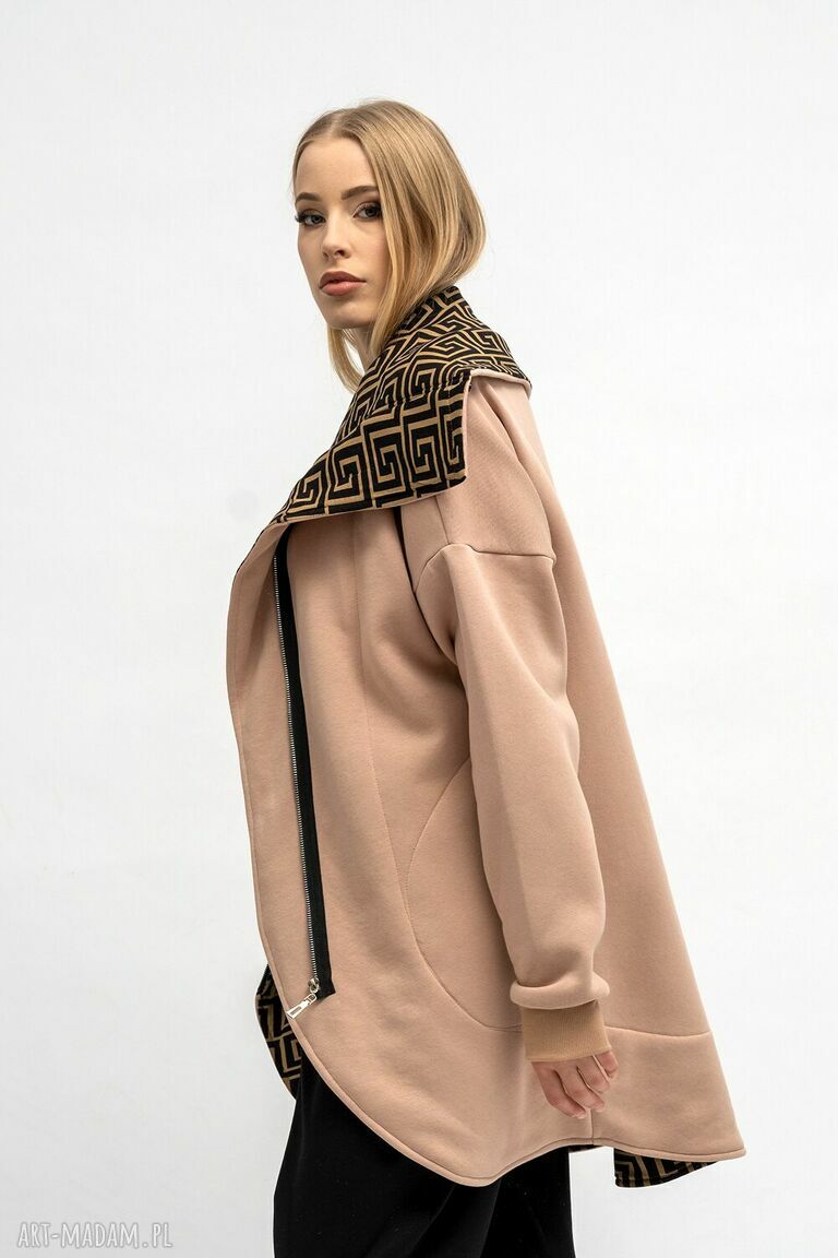 PŁASZCZ DRESOWY "ANGELA" BEŻOWY - BLUZA NA ZAMEK, ASYMETRYCZNY K RÓJ