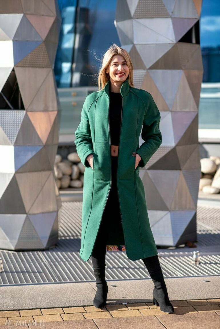 płaszcze: Płaszcz ze stójką butelkowa zieleń ręczne wykonanie