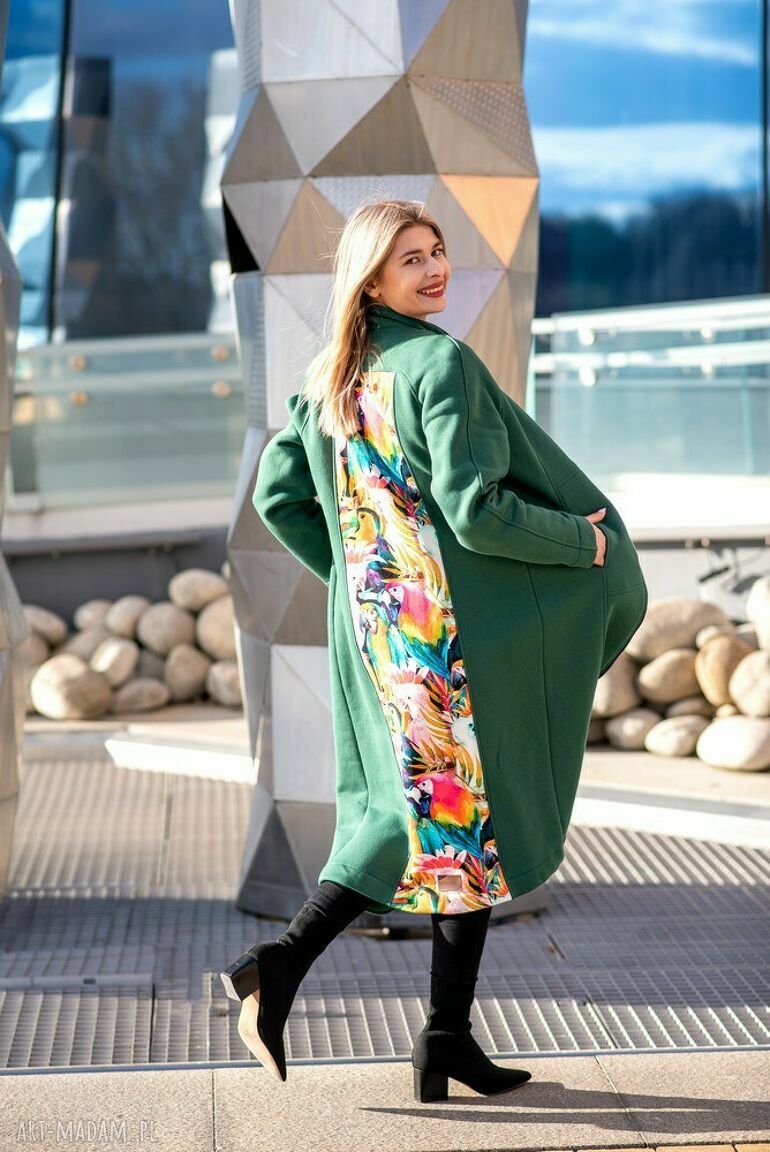 płaszcze: Płaszcz ze stójką butelkowa zieleń ręczne wykonanie