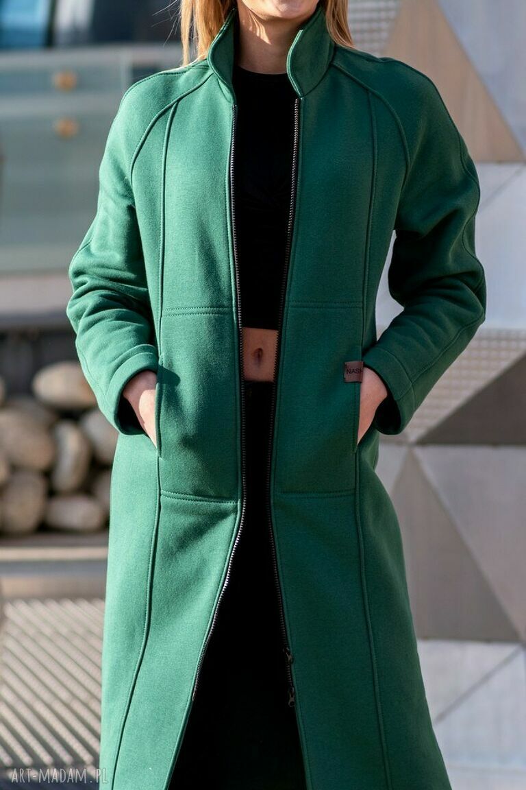 płaszcze: Płaszcz ze stójką butelkowa zieleń ręczne wykonanie