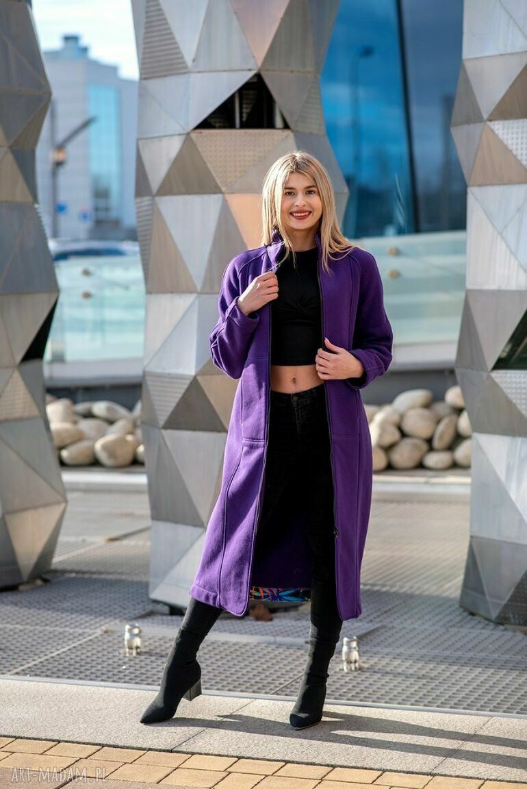 płaszcze: Płaszcz ze stójką fioletowy ręczne wykonanie