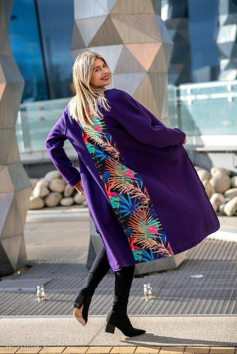 Płaszcz stójką fioletowy dzianinowy wiosenny kolana najnowszy