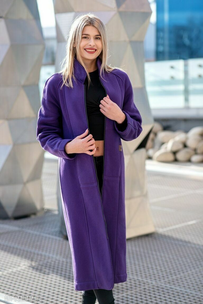 płaszcze: Płaszcz ze stójką fioletowy ręczne wykonanie