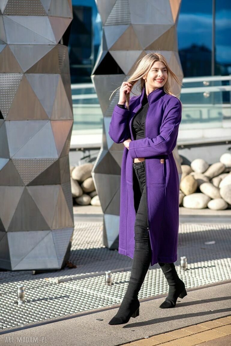 płaszcze: Płaszcz ze stójką fioletowy ręczne wykonanie