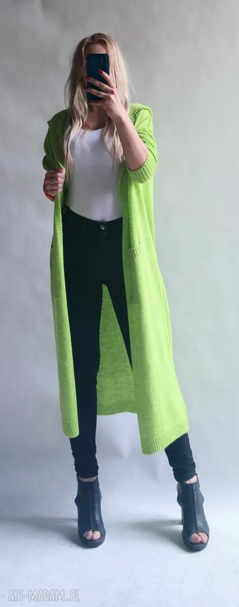Limonkowy płaszczyk - długi sweter z kapturem oversize handmade Bellafeltro