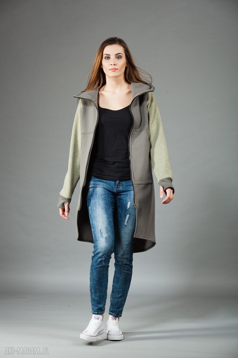 Płaszczyk dzianinowy NavahoClothing z kapturem na zamek - 90% wełny
