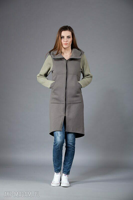 Płaszczyk dzianinowy NavahoClothing z kapturem na zamek - 90% wełny