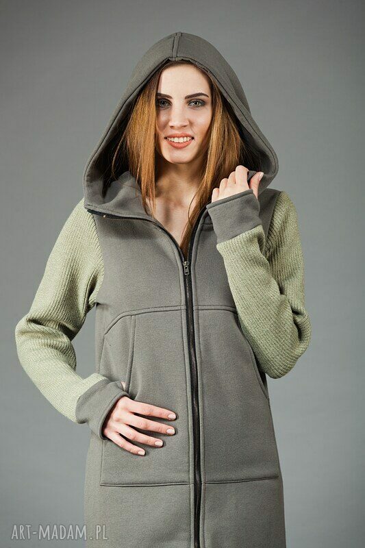 Płaszczyk dzianinowy NavahoClothing z kapturem na zamek - 90% wełny