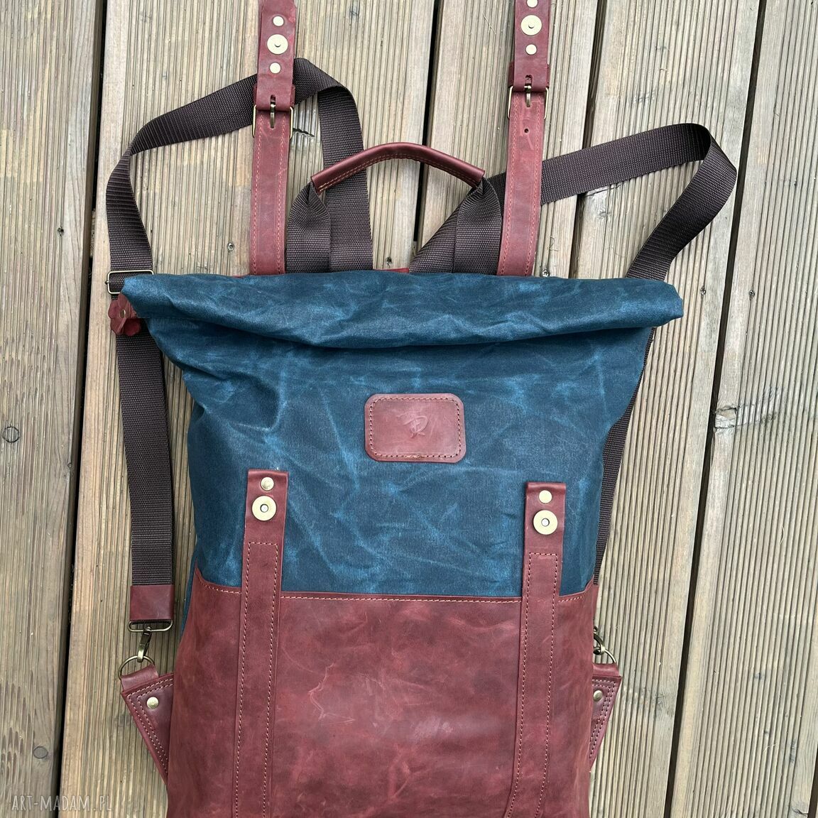 plecaki: Duży Plecak ze skóry i bawełny woskowanej niebiesko czerwony. autorskie